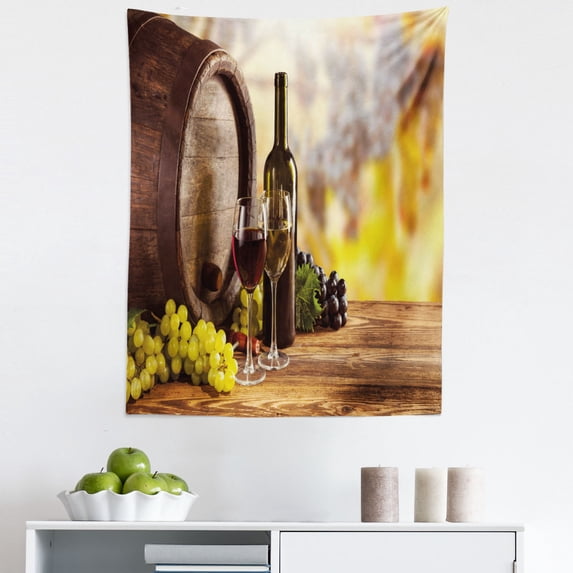 Wine Tapestry, Red and White Wine Bottle Glass on Wooden Keg Quality Taste Traditional, Fabric Wall Hanging Decor for Bedroom Living Room Dorm, 5 Sizes, Brown Pale Green Yellow, by Ambesonne