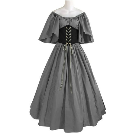 Fartey Womens Plus Size Victorian Maxi Dress Elegant Ruffled Short Sleeve Off Shoulder Dresses with Corset Vintage Medieval Patchwork Ball Gown Gray 2XL
