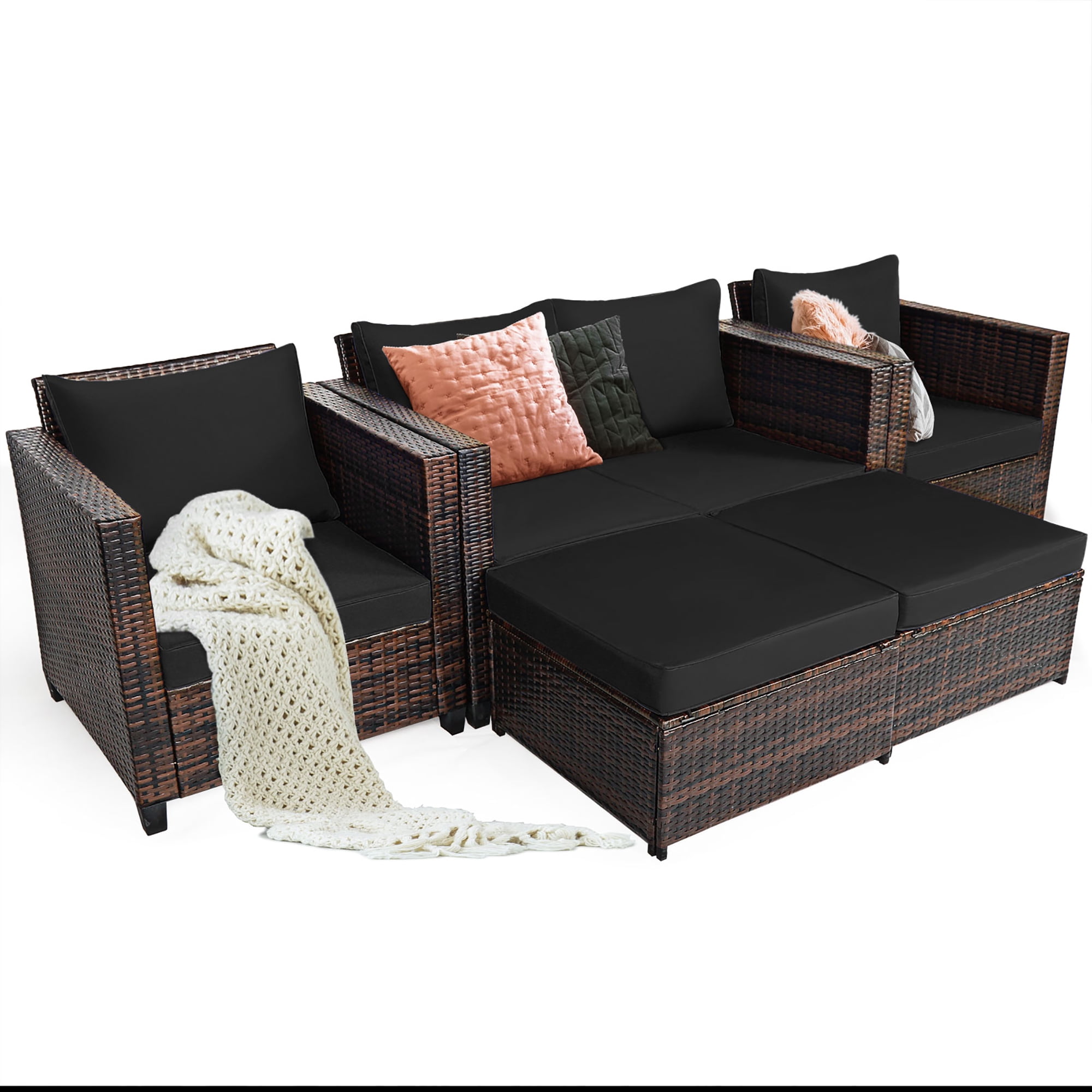 Costway 5PCS Patio Rattan Furniture Set Loveseat Sofa Ottoman Cushioned Black