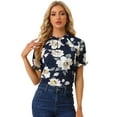 thumbnail image 1 of Blusas de mujer con volantes de manga corta floral con cuello simulado y volantes Azul Oscuro S, 1 of 5