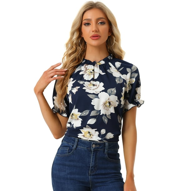 Blusas de mujer con volantes de manga corta floral con cuello simulado y volantes Azul Oscuro S