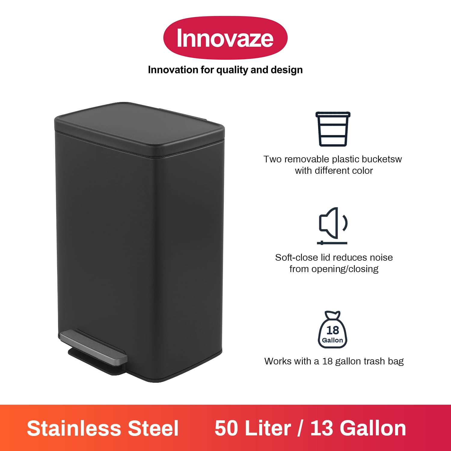 Innovaze 13 Gallon/50 Liter Rectangular Stainless Steel Step-on Trash Can for Kitchen, Matte Black