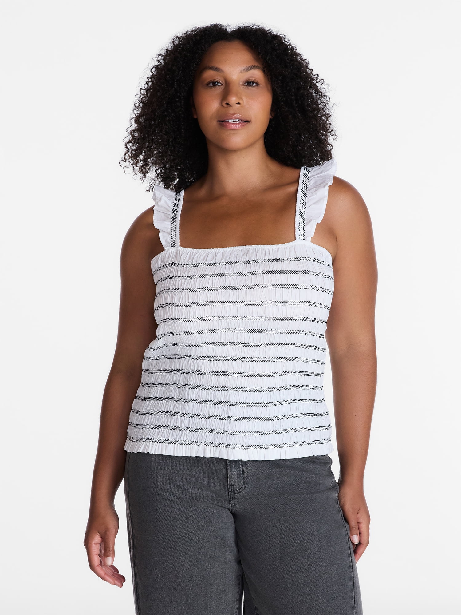 Time and Tru Women's Smocked Cotton Tank Top with Ruffle Straps, Sizes XS-XXXL