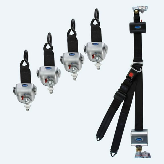 4 QRT-360 Retractors with L-Track Fittings and HR131 Retractable Lap & Shoulder Belt with Retractable L-Track Height Adjuster and 131º Bracket | Q-10014