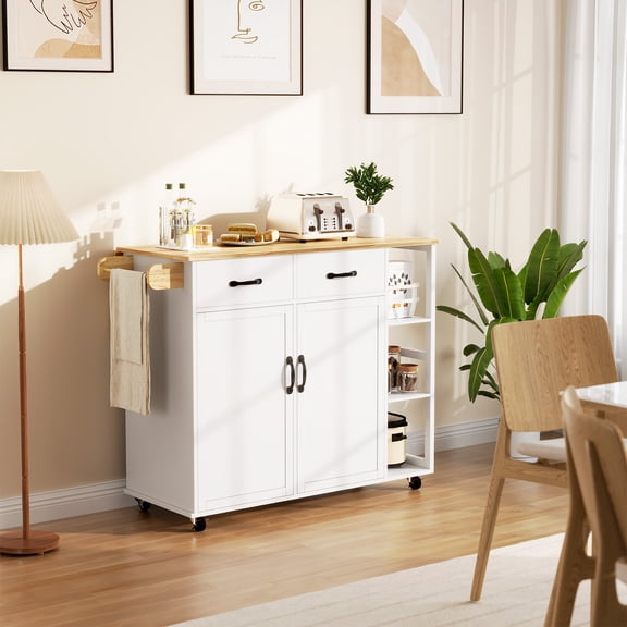 OUTGOODS Kitchen Island with Folding Drop Leaf, 43In Rolling Island Table with Storage, Drawer and Towel Rack,Kitchen Cabinet On Wheels with Seating Area