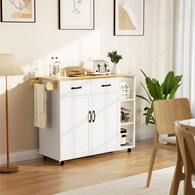 43" Rolling Kitchen Island Cart with Drop Leaf, Storage Cabinet, 2 Drawers, Spice Racks & Towel Rack, Mobile Kitchen Island On Wheels for Home Dining Room