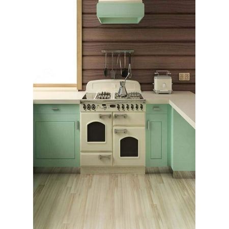 Image of ABPHOTO Polyester Indoor Kitchen Photography Backdrops Wood Floor Cooking Room Mint Green Cabinet Baby Shower Backdrop Children Photo Studio Booth Background 5x7ft
