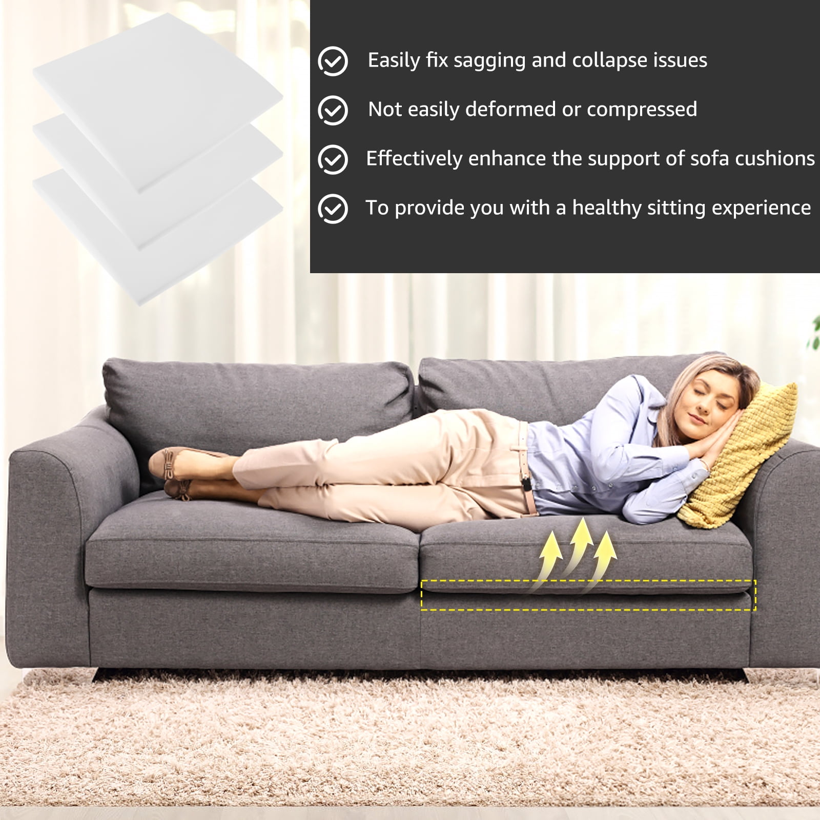 Dznils Sofa Couch Cushion Support for Sagging Seat, 20" x 20", White, Set of 3