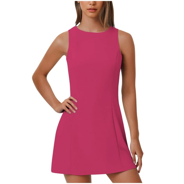 Vestido de Verano Casual de Mujer de Color Sólido sin Mangas Diseño de Cuello Redondo, Vestido Cómodo de Poliéster Ligero