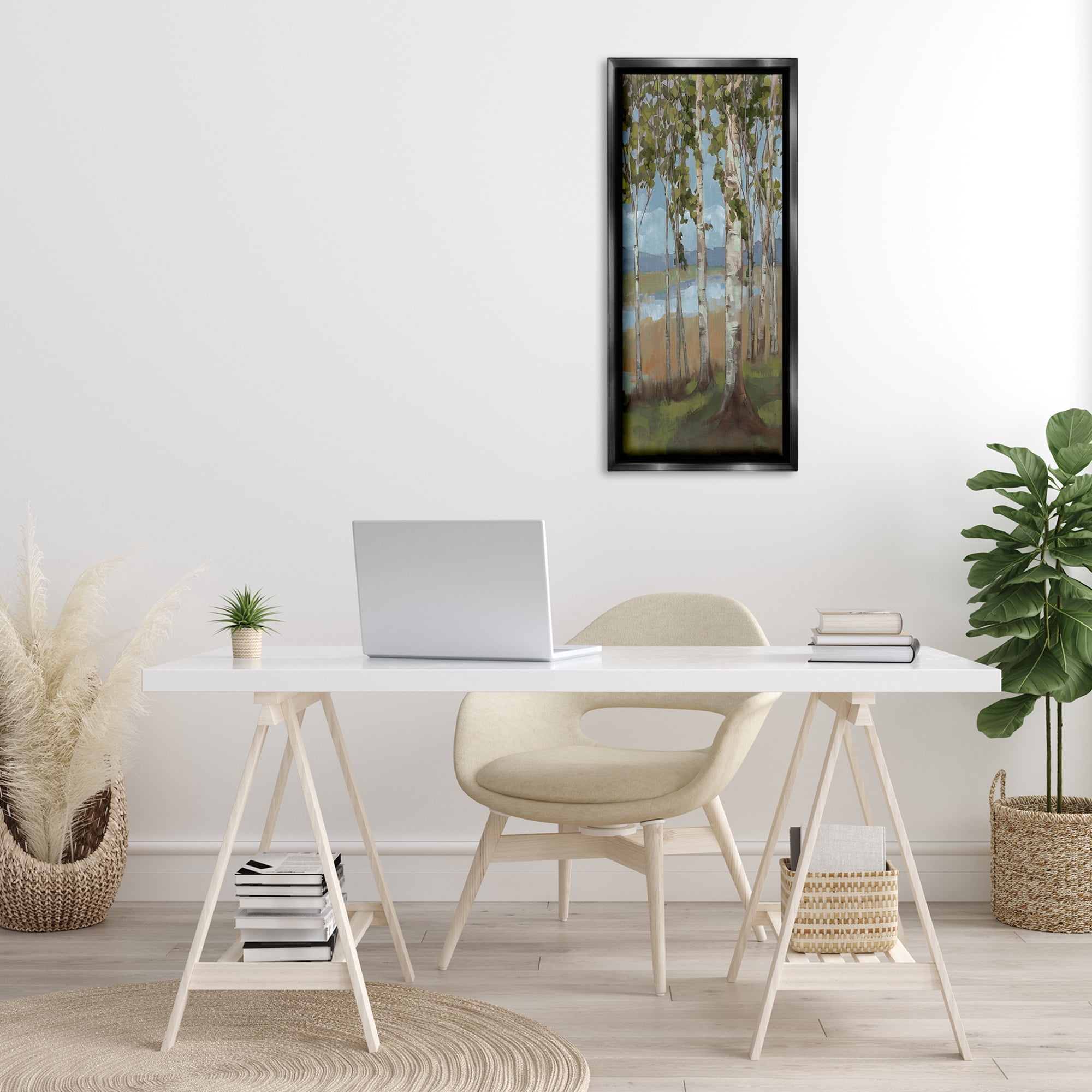 Stupell Industries Rustic Birch Copse Landscape Painting Black Floater Framed Art Print Wall Art, 15 x 31