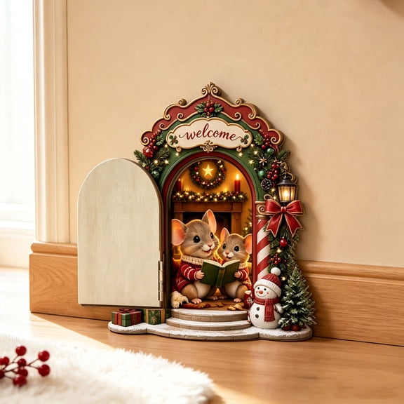 Christmas Wooden Elf Door Ornament with WELCOME Sign, Miniature Magical Fairy Door for Holiday Wall Shelf Decor and Festive Interior Craft