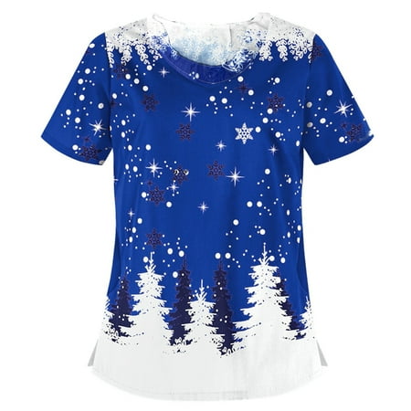 

Christmas Scrub Tops for Women Cute Reindeer Santa Claus Print Nurse Working Uniforms V Neck Short Sleeve Holiday Shirt