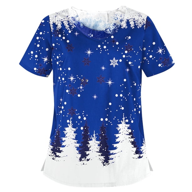 ICHUANYI Clearance Women Short Sleeve V-neck Tops Working Uniform Christmas Thanksgiving Blouse(Blue, L) ICHUANYI WER2023081204101