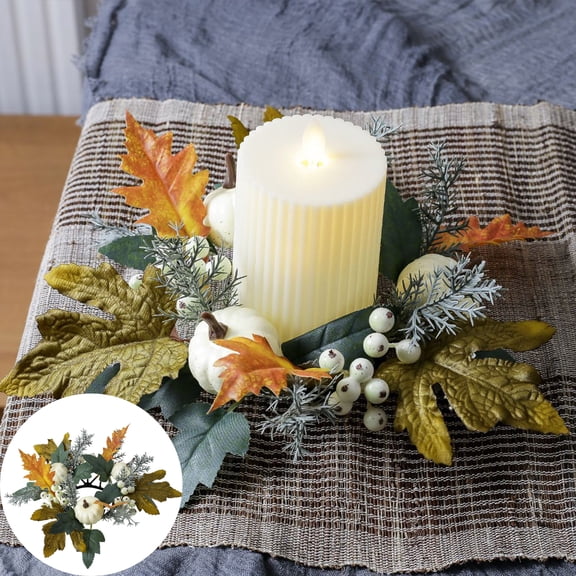 Fall Thanksgiving Halloween Candle Ring Wreath, Artificial Maple Leaf Blue Dahlia White Pumpkin Berry Candle Holder Garland, Harvest Table Centerpiece Decor for Indoor Outdoor Halloween Decorations