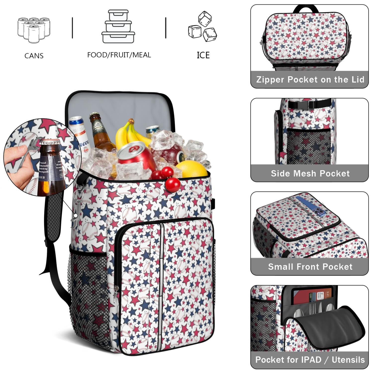 Travel Cooler Bag - Red White Blue Baseballs and Stars Pattern Camping Beer Cooler Backpack with Bottle Opener- Waterproof Insulated Picnic Backpacks - Cooler Bag for Beach