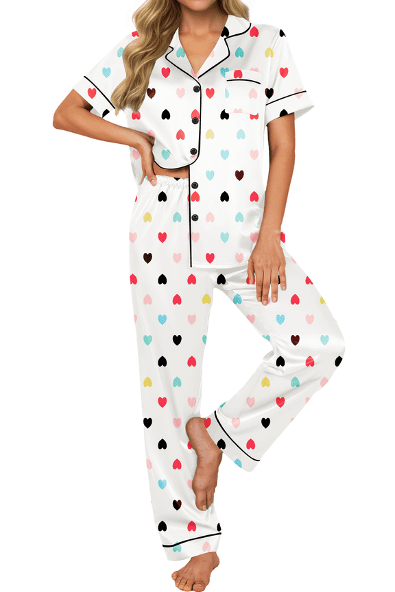 Pajamas Sets for Women Short Sleeve Button Down Tops And Pants Sleepwear Soft Silk Satin Pjs Loungewear 2 Piece Outfit