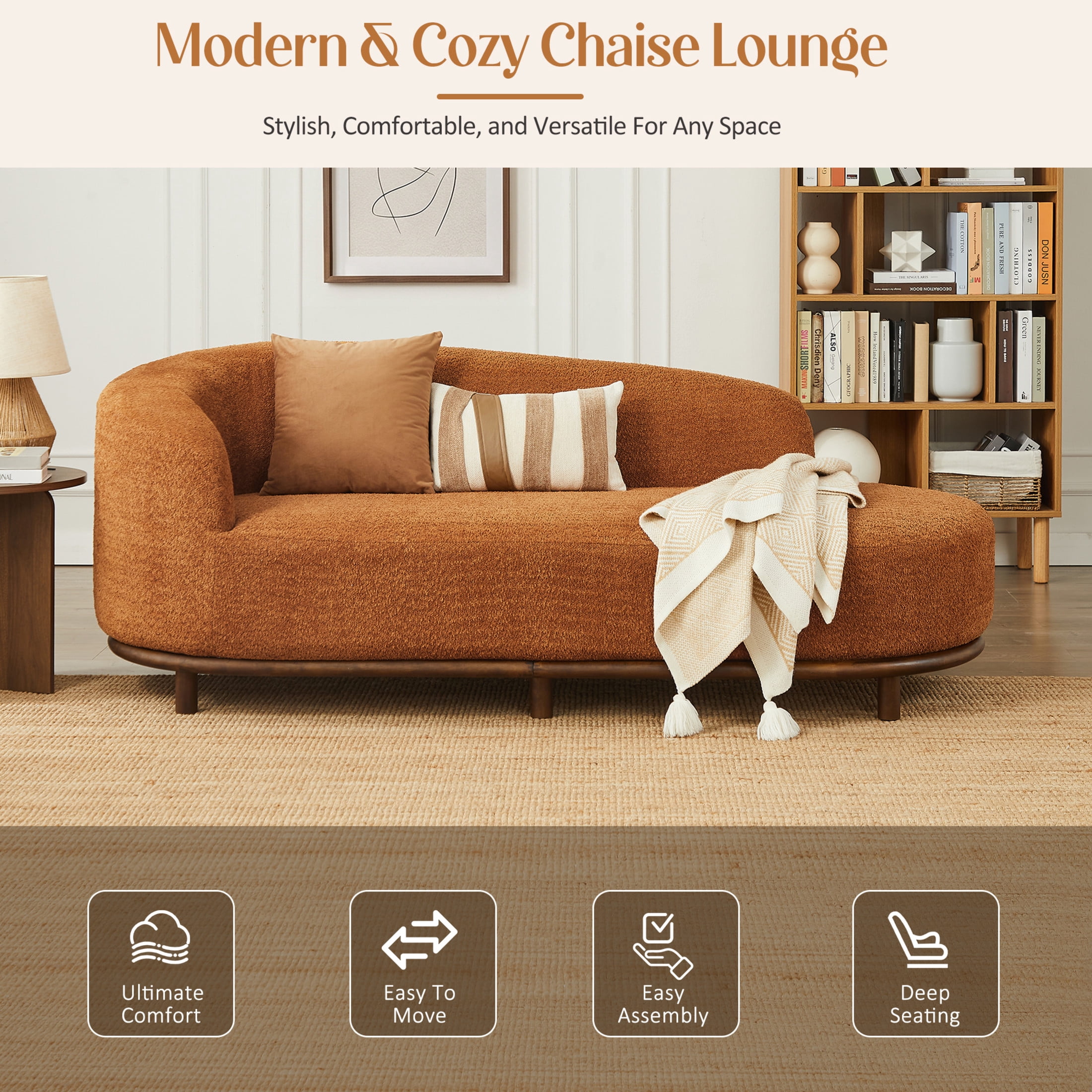 Christopher Knight Home Modern Boucle Chaise Lounge Sofa with 3 Seats, Solid Wood Frame, Orange