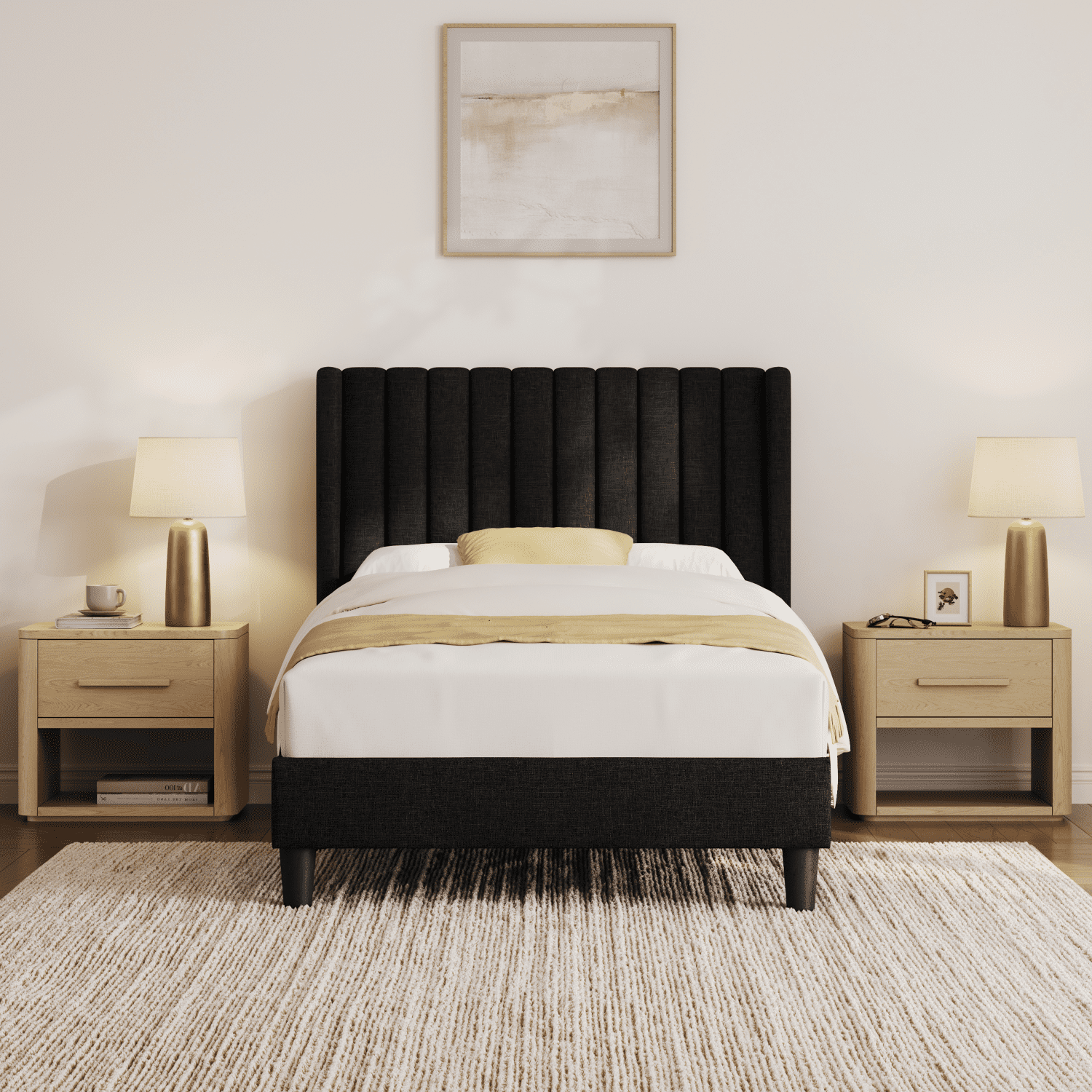 Renwick Twin Upholstered Bed Frame with Tufted Headboard, Black
