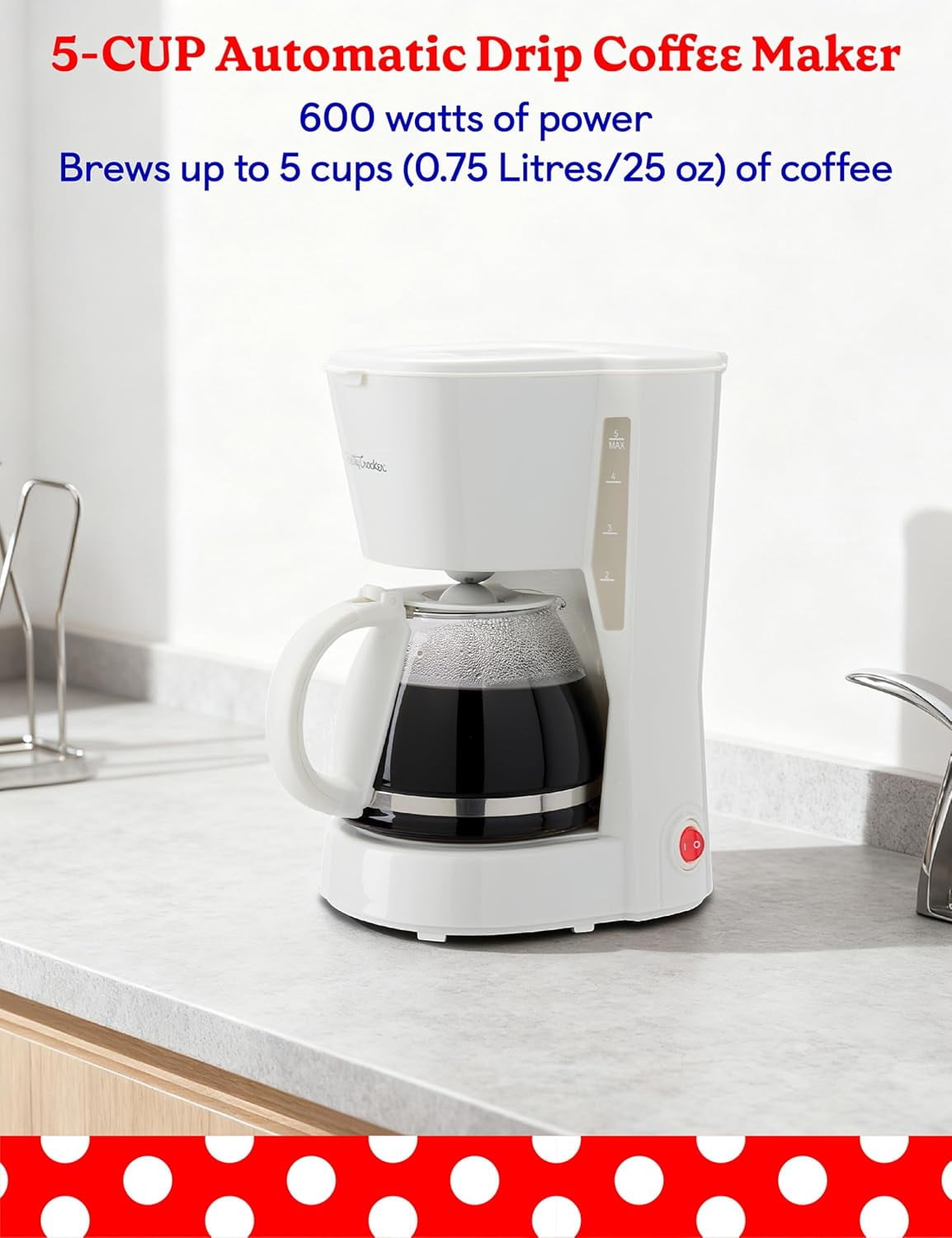 Betty Crocker 3-Piece Kitchen Appliances Set: 5-Cup Automatic Drip Coffee Maker, 1.7L Electric Kettle & 2-Slice Toaster, STRIX Technology Kettle, Cool Wall Housing, BC-4995W, White