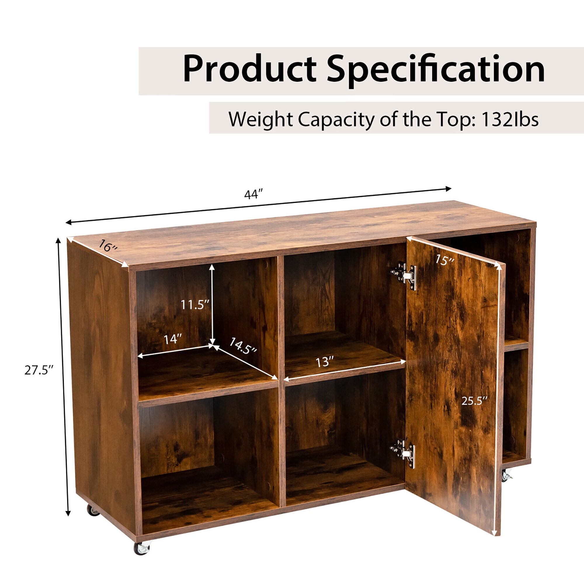 Gymax 3-Tier Wood Bookcase 6 Cube Bookshelf w/ Door Wheels Display Cabinet Rustic Brown