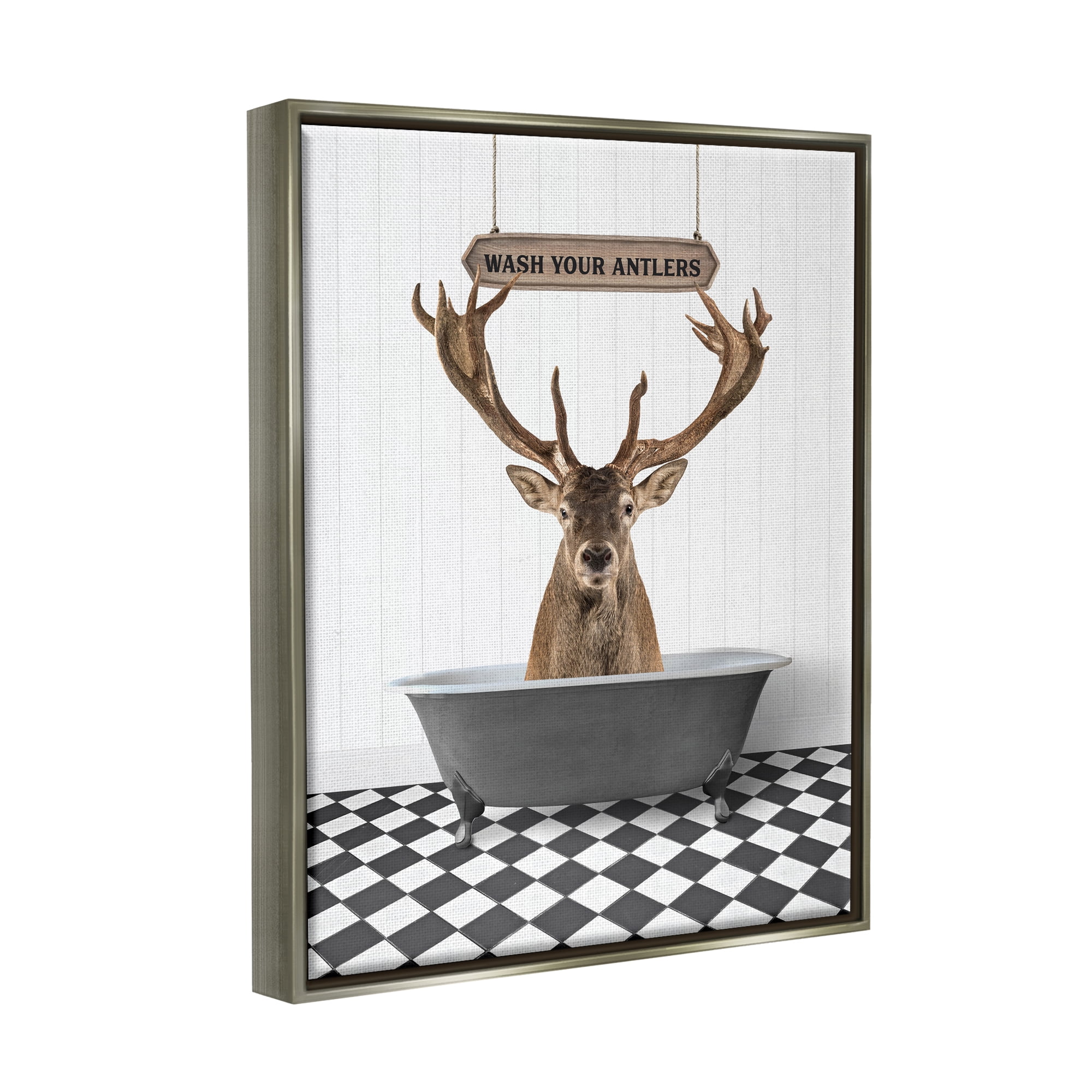 Stupell Industries Wash Your Antlers Elk Animals & Insects Painting Gray Floater Framed Art Print Wall Art, 17 x 21