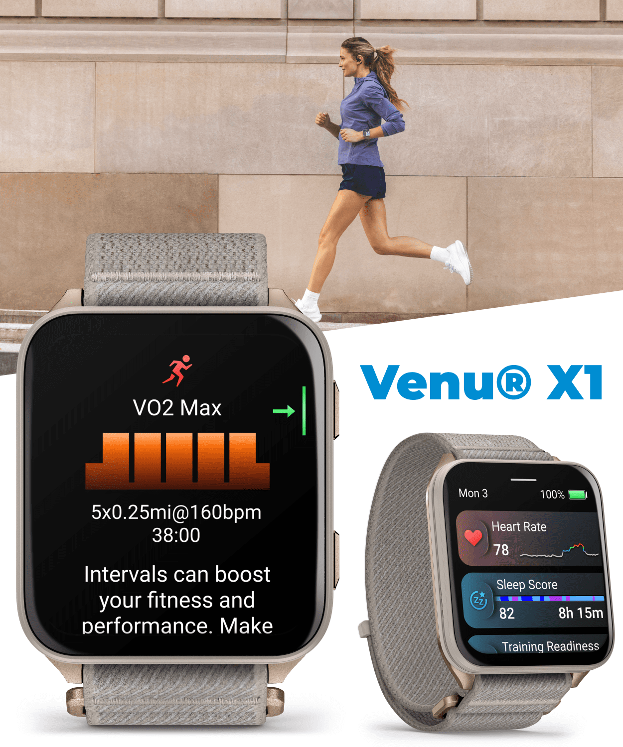 Garmin Venu X1 Thin and Lightweight GPS Smartwatch, AMOLED Display, Soft Gold with Titanium Caseback & French Gray Nylon Band with Wearable4U White EarBuds Bundle