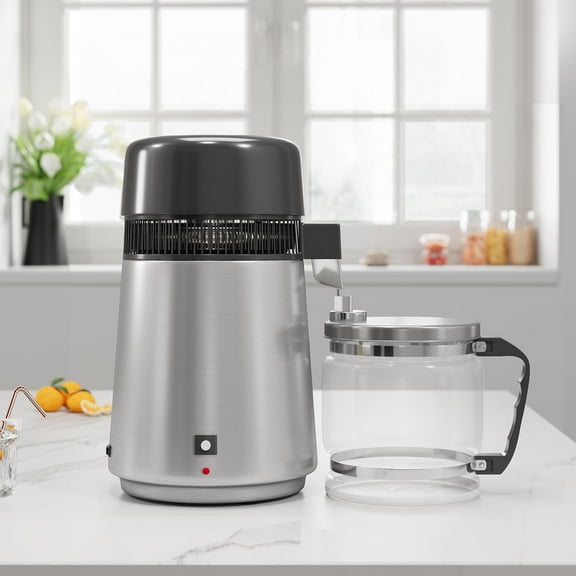 Towallmark 1 Gallon 4L Water Distiller, Stainless Steel Countertop Distilled Water Machine, 750W Purifier With Glass Container, Home Drinking Water Filter System, Silver