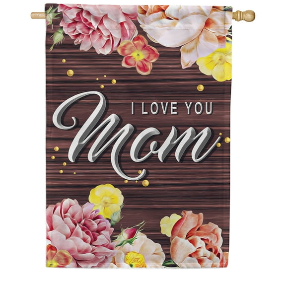 America Forever Happy Mother's Day Floral House Flag 28 x 40 inches Red Yellow Flowers Best Mom Double Sided Holiday Seasonal Yard Outdoor Decorative I Love You Mom Flag