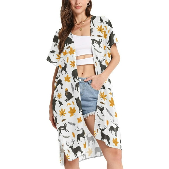joogoo Women's Deers Leopards Leaves Beach Cover Up Kimono Swimsuit Summer Cardigan Swimwear S