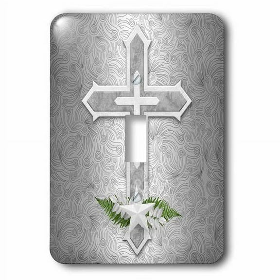 3dRose, Christian Cross in Silver and White with Star and Fern Leaves, single toggle switch