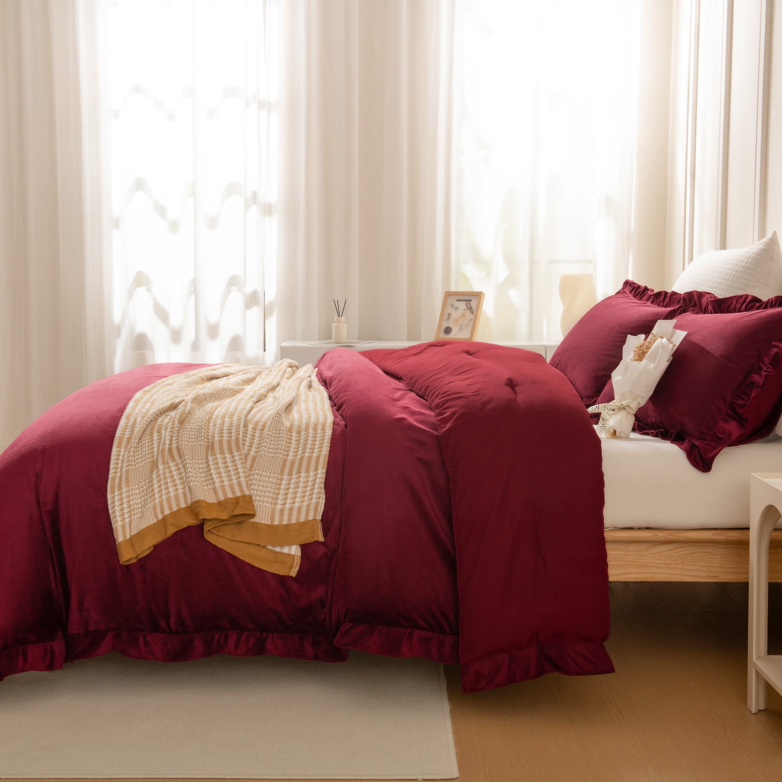 Burgundy Velvet Comforter Set Queen, Ruffled Fluffy Plush Bedding with Pillowcases, All-Season Cozy Luxury Bed Set for Women & Girls
