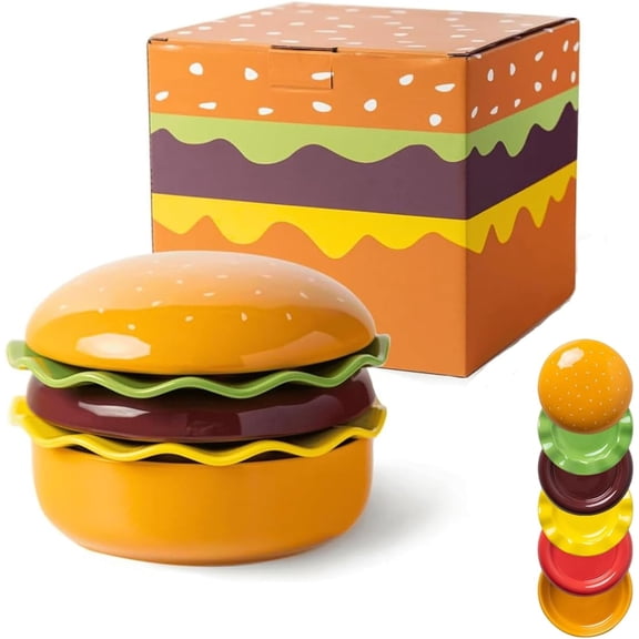 Stackable Ceramic Hamburger Plate Set, 6-Piece Burger-Shaped Plates & Bowls with Lid – Fun Novelty Tableware for BBQ, Parties & Appetizers, Space-Saving Design (1 SET)