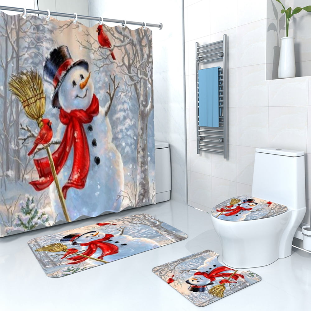 4 Pcs Christmas Snowman Shower Curtain Sets with Non-Slip Rugs