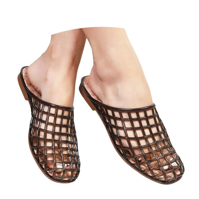 Chaussures Jelly pour Femmes Sandales Plates en Maille Jelly Bout Fermé Bout Rond Mules à Enfiler Pantoufles d'Été