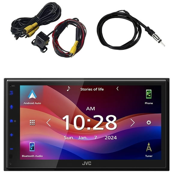 JVC KW-M695BW 6.8" WSVGA LCD Display Single-DIN Bluetooth USB/MP3 Digital Media Shallow Chassis Multimedia SiriusXM Ready Receiver, License Plate Mounted Back Up Camera, 22" Radio Antenna