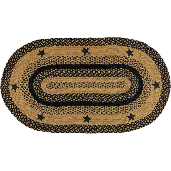 IHF HOME DECOR Oval Braided Area Rug 22" X 72" Primitive Country Style New STAR BLACK DESIGN Jute Fiber