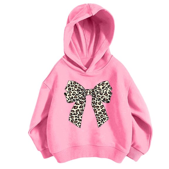Girls' Leopard Bow Graphic Pullover Hooded Sweatshirt, Long Sleeve Relaxed‑Fit Kids Hoodie, Casual Printed Tops for Daily Play and Cool‑Weather Outdoor Activities Pink 5-6T