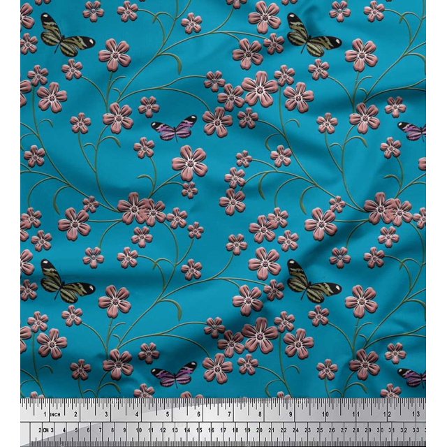Soimoi Polyester Crepe Fabric Insect,Leaves & Flower Floral Printed Fabric 1 Yard 42 Inch Wide