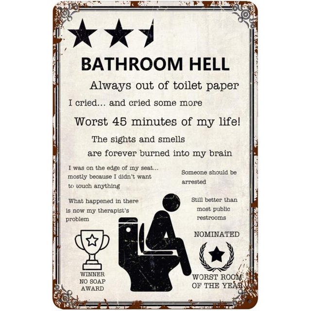 Cartel de metal vintage "Infierno en el baño": la peor habitación del año, siempre sin papel higiénico, para pared de baño, bar, cafetería y pub. Tamaño: 8 x 12 pulgadas