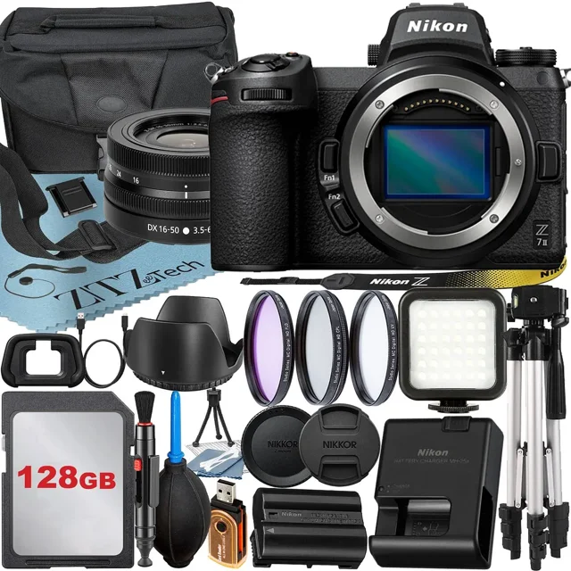 Nikon Z7 II Mirrorless Camera with NIKKOR Z DX 16-50mm VR Zoom Lens + 128GB Card + Case + 3 Pieces Filter + Flash + ZeeTech Accessory Bundle