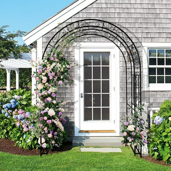 84" Tall Double Layer Iron Garden Arch Trellis, Black, Powder Coated Rustproof Plant Support for Climbing Roses, Vines and Flowers, Decorative Outdoor Wedding Arbor with Easy Ground Stakes