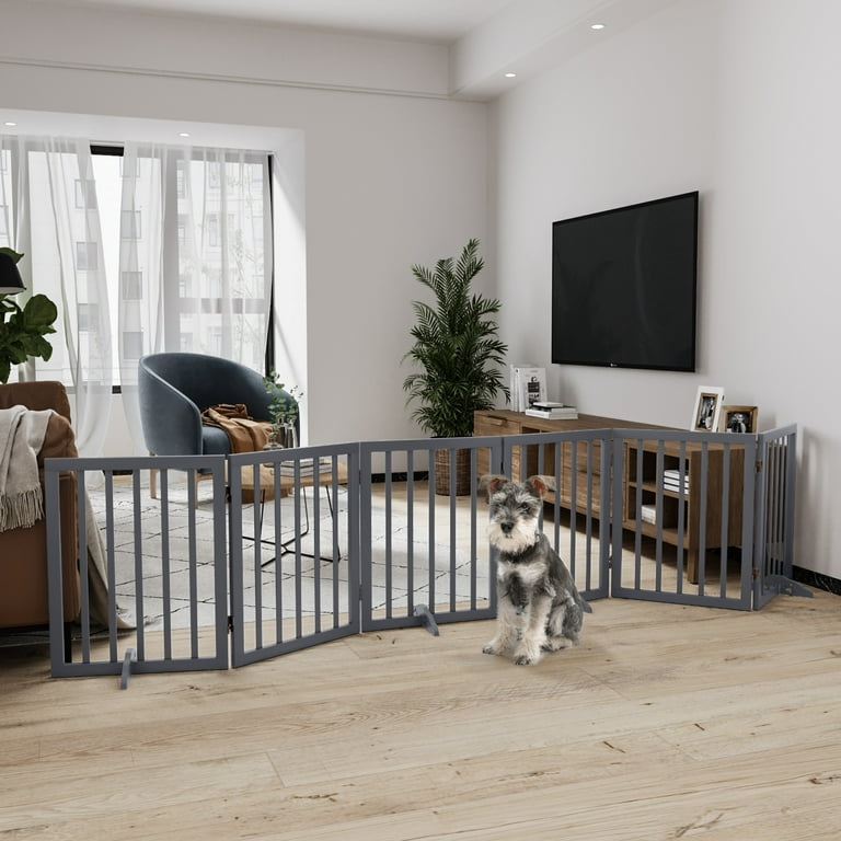 Smart Fendee 6 Panels Foldable Dog Gate Extra Wide Entryway Freestanding Wood Pet Fence 24 H Gray