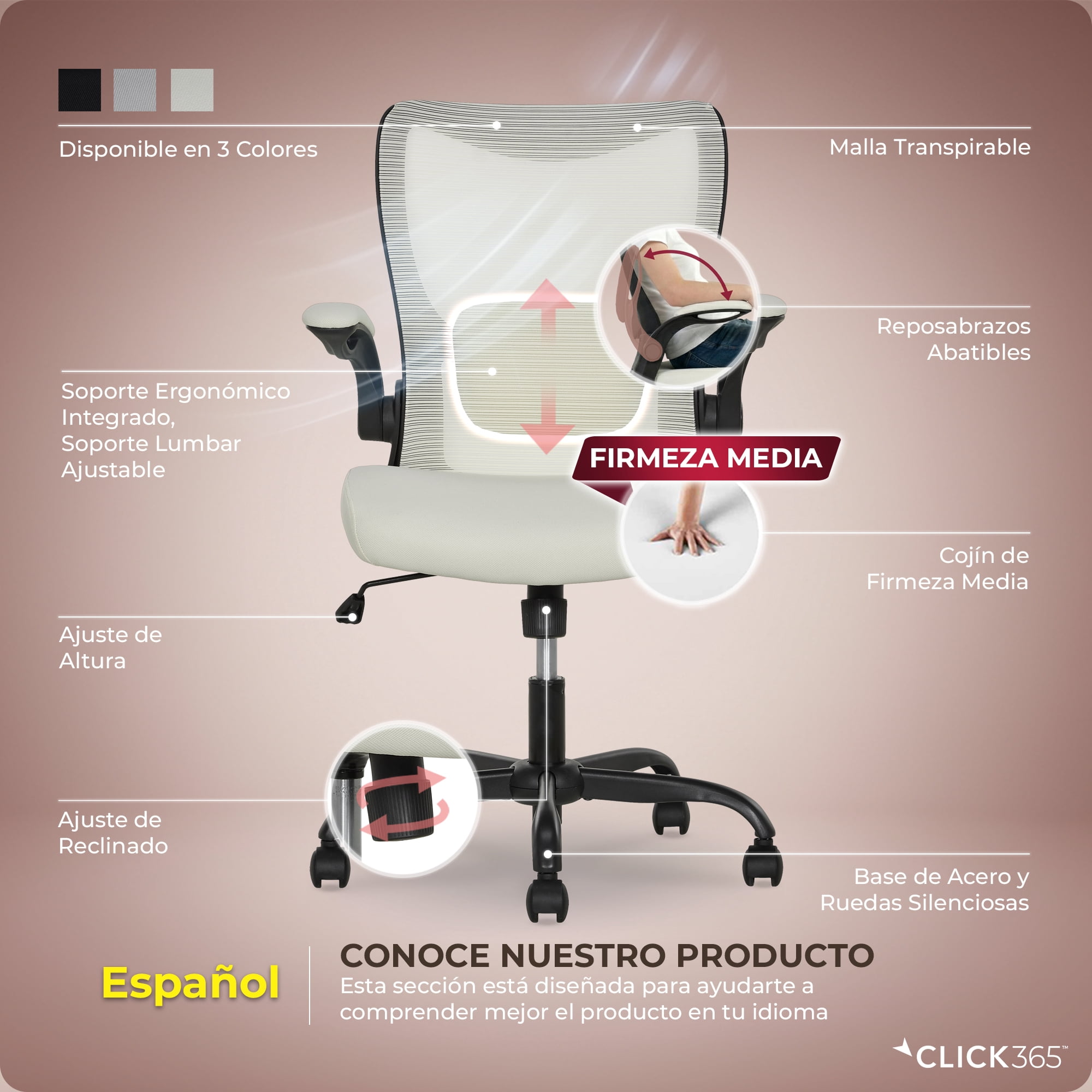 Click365 Adult Mesh High Back Indoor Commercial Ergonomic and Adjustable Lumbar Support Office Chairs, Hardware Kit, Beige