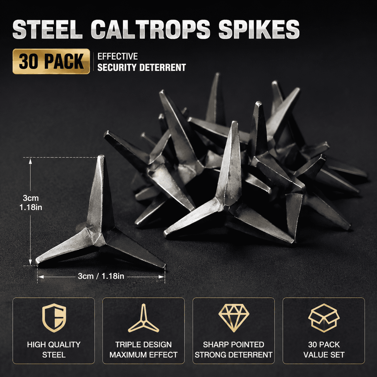 30-Pack Steel Caltrops Spikes 3cm Four-Point Device for Hunting Accessories Outdoor Accessories for Target Practice (Silver)