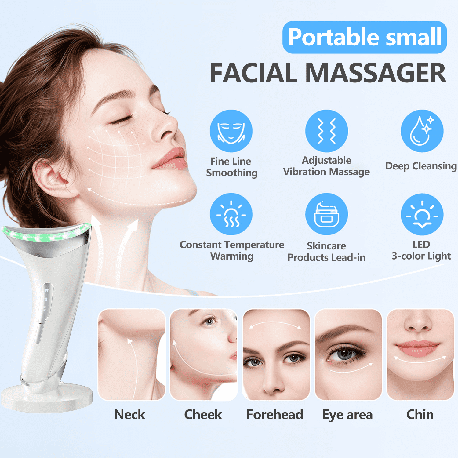 3 Color Red Light Therapy Face Neck Massager, Adjustable Vibration Neck Firming Device, Portable Facial Skincare Tool with Base, White
