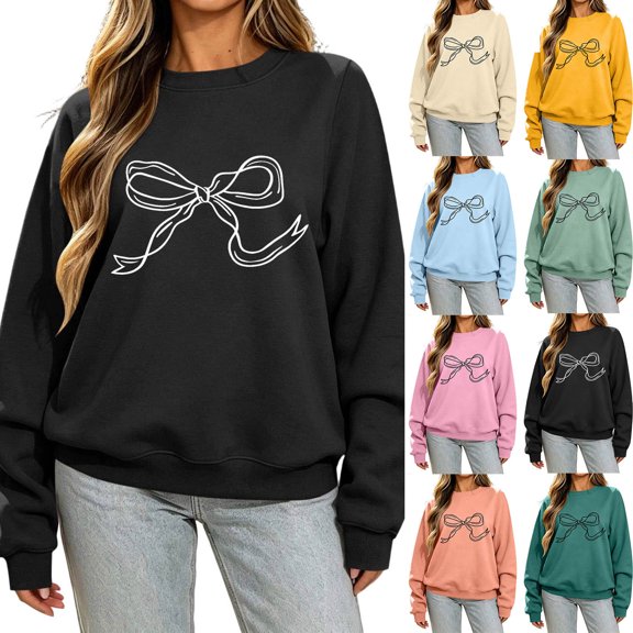 Bow Knot Crewneck Sweatshirt For Women Fall Fleece Lined Long Sleeve Cute Casual Loose Pullover Tops, S-XXL