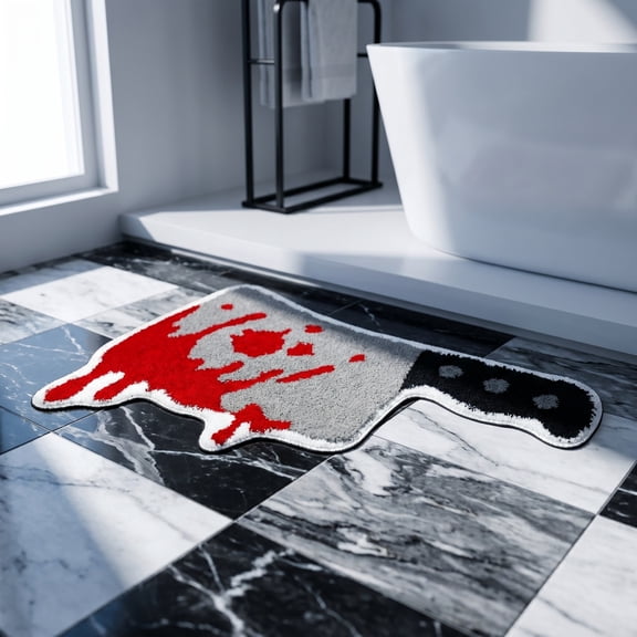 Halloween Horror Bath Rug, Bloody Cleaver Shaped Floor Mat with Faux Plush Surface, Water Absorbent Non Slip Carpet for Bathroom Bedroom Doorway and Party Decor