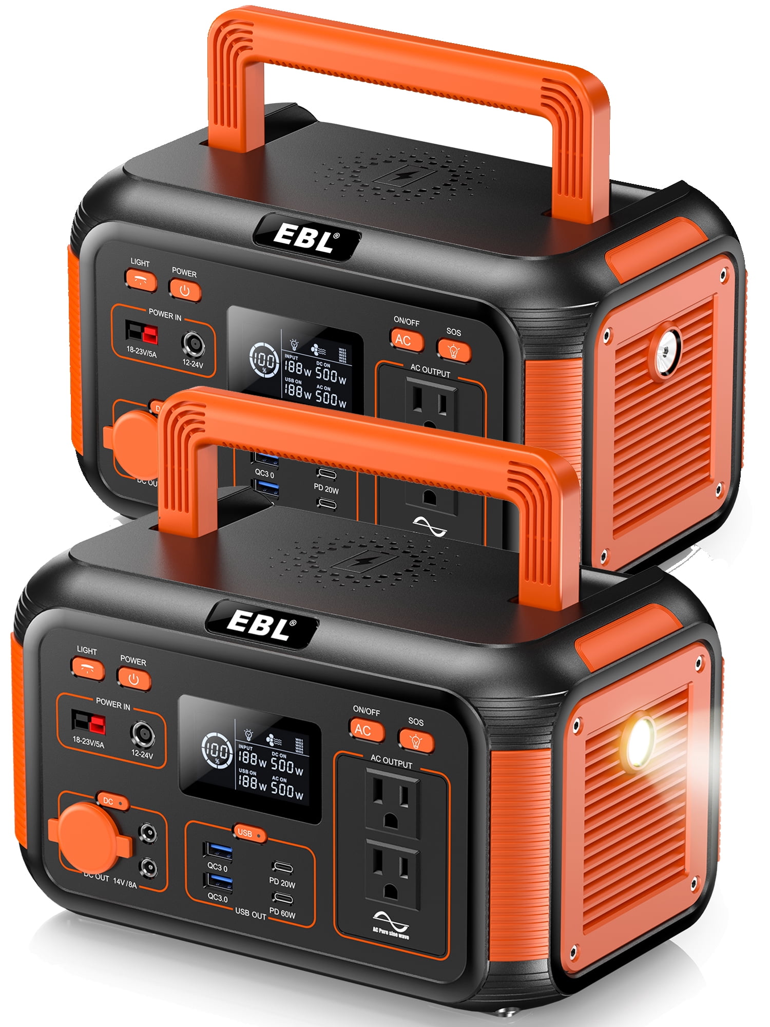 EBL 2-Pack 500W Portable Power Station Solar Powered Generator 110V/500W Pure Sine Wave AC Outlet for Outdoors Camping Home Emergency RV