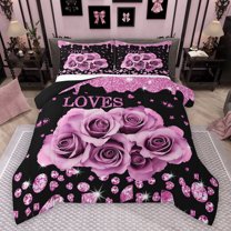 Feelyou Fashion Romantic Rose Full Size Comforter Sets, Valentines Day Floral Bedding Comforter Set, Sequin Print Diamond Reversible Bedding Sets, Luxury Bedroom Decor, 3-Piece