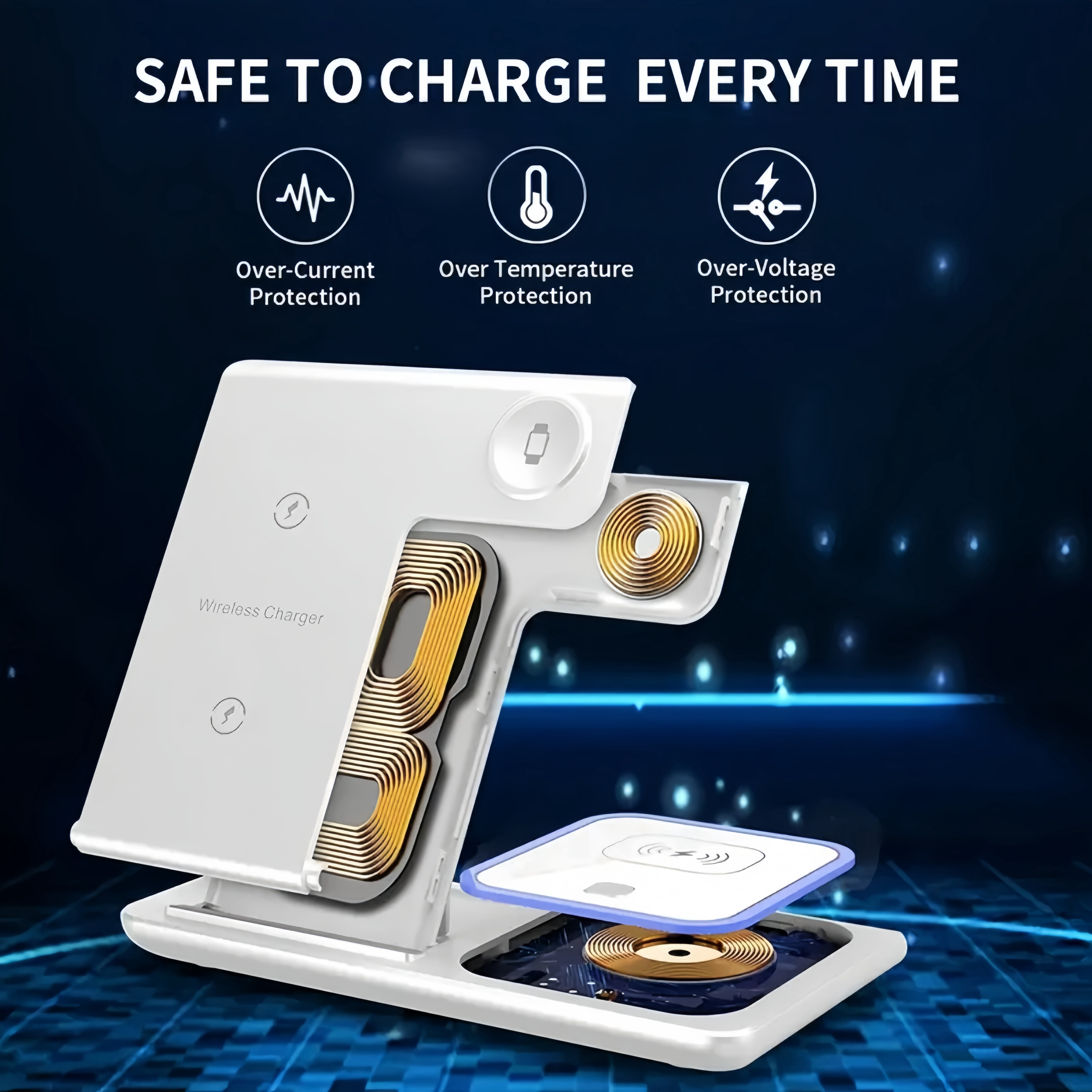 3-in-1 Wireless Charger: Fast Charge for iPhone/Apple Watch/AirPods – Foldable, White